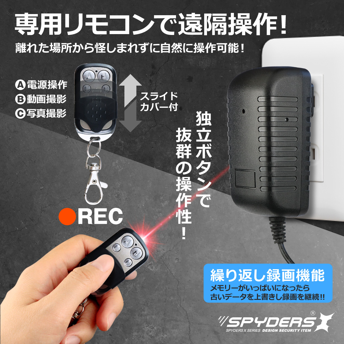 スパイダーズX スパイカメラ 1080P ACアダプター型カメラ 小型カメラ [M-967F] 防犯カメラ 暗視補正 128GB内蔵